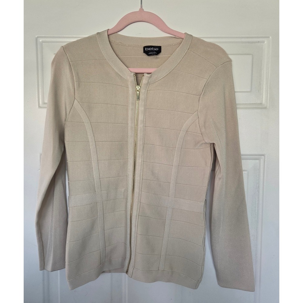Bebe Bandage Knit Zip Front Jacket Cream Beige Mod Career Wear Large